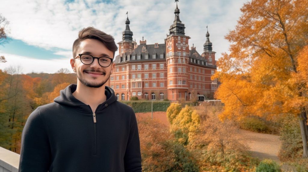 Almanyada Üniversite Öğrencisi Olmak başlıklı yazının görseli. Görselde arka planda bir Alman üniversitesi görülmektedir